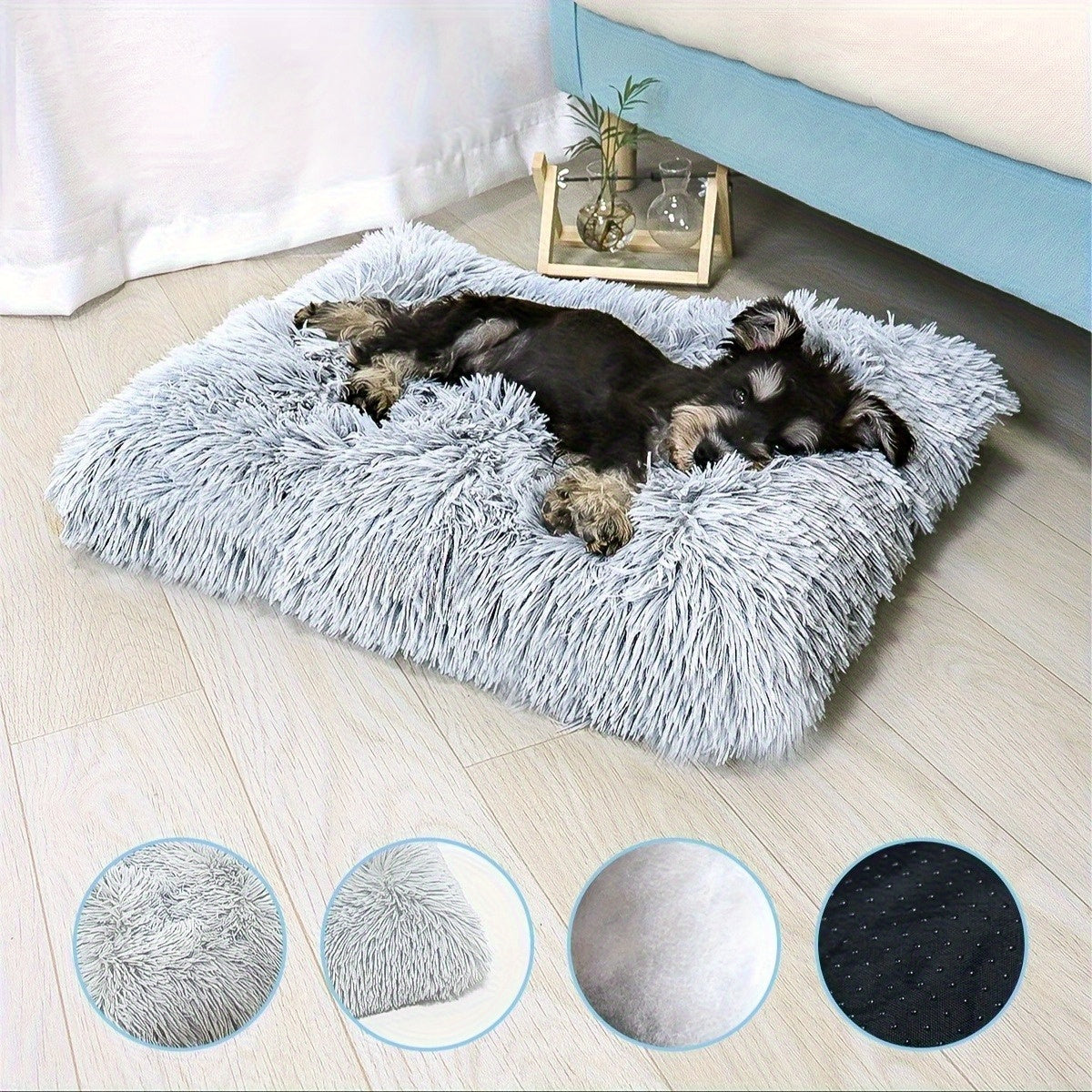 1pc Plush Fleece-Lined Square Pet Bed for Cats & Small Dogs - Removable Washable Polyester Cushion with Non-Slip Base, Soft Warm Cozy Indoor Bedding, All Sizes Available in Grey/Beige/Light Brown/Dark Blue - Durable Polyester Frame for Home Decor