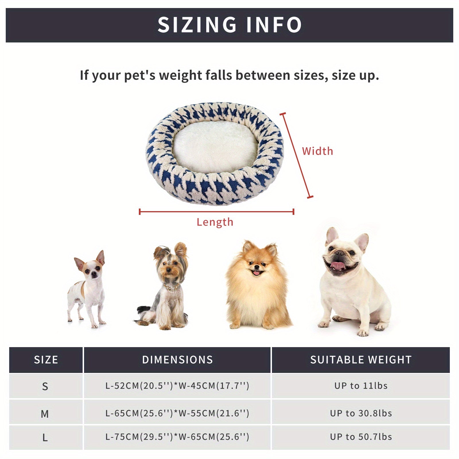 Dog Bed - Cushioned Pet Cave with Neck Support, Rounded Edges for Small/Medium Dogs - No Assembly Needed, Soft Nest for Corgis, Pomeranians, Indoor/Travel Use - Black & White or Blue & White, Curled Side Support