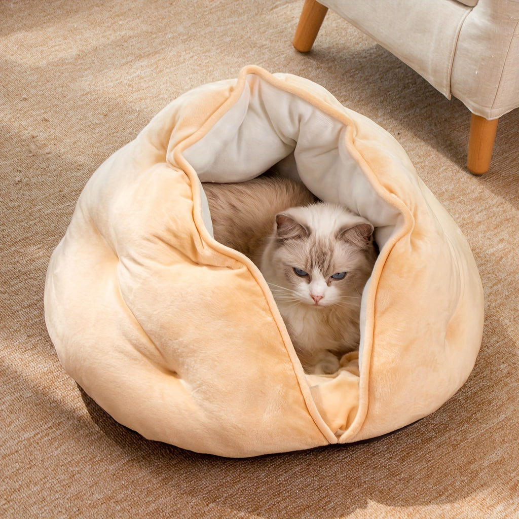 Cozy Velvet Cat Bed - Thickened Warm Khaki Pet Nest for Small to Medium Cats and Dogs, Soft Plush Material, Classic Style, Non-Assemblable Design, Indoor Pet Bed | Burrowstyle Nest | Soft Polyester Bed, Pet Beds for Cats