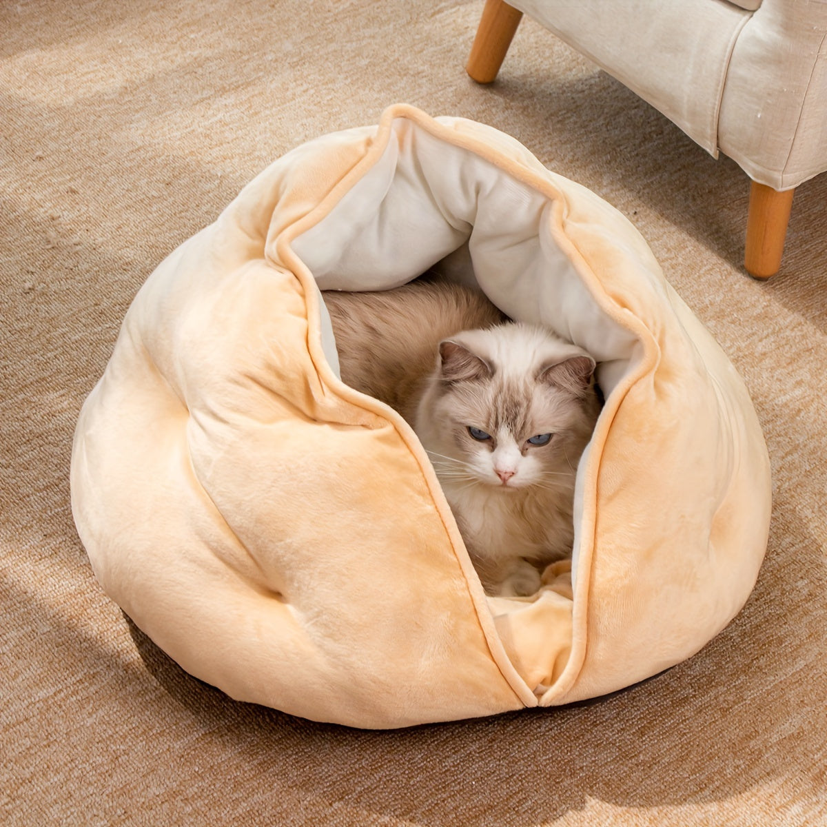 Cozy Velvet Cat Bed - Thickened Warm Khaki Pet Nest for Small to Medium Cats and Dogs, Soft Plush Material, Classic Style, Non-Assemblable Design, Indoor Pet Bed | Burrowstyle Nest | Soft Polyester Bed, Pet Beds for Cats