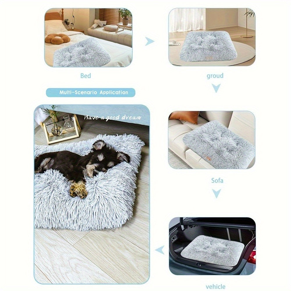 1pc Plush Fleece-Lined Square Pet Bed for Cats & Small Dogs - Removable Washable Polyester Cushion with Non-Slip Base, Soft Warm Cozy Indoor Bedding, All Sizes Available in Grey/Beige/Light Brown/Dark Blue - Durable Polyester Frame for Home Decor