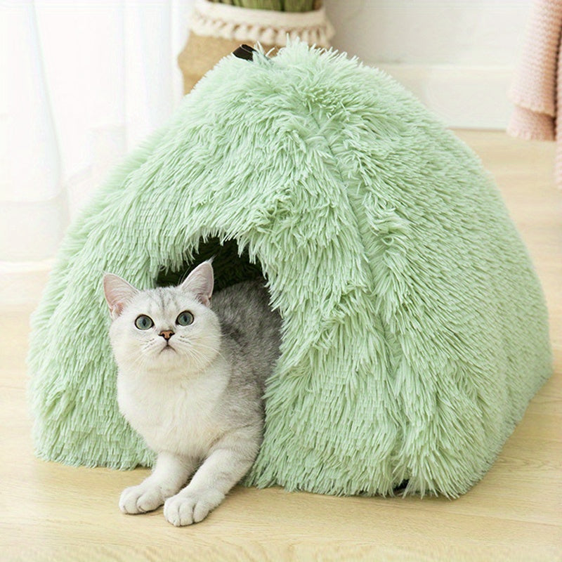 Long Plush Cozy Cat Cave Bed - Soft Polyester Pet House with Non-Slip Bottom, Removable Washable Pads & Arched Entrance Tunnel for Warmth & Comfort, Cute Hideout for Kittens & Cats, Pet Relaxation Space | Cute Cat Cave | Fluffy Texture, Cat Bed