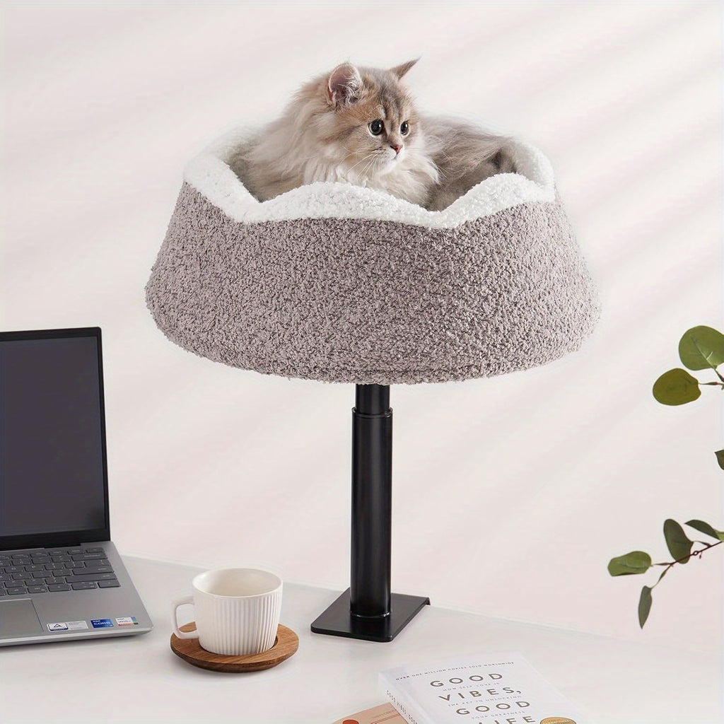 MEWOOFUN 360° Rotating & Adjustable Height Cat Desk Bed - Alloy Steel Frame, Removable Washable Plush Perch with Wrap-Around Edges, Ergonomic Desktop Cat Furniture for Home Office Safety & Comfort, Petfriendly Workspace, Stable Structure