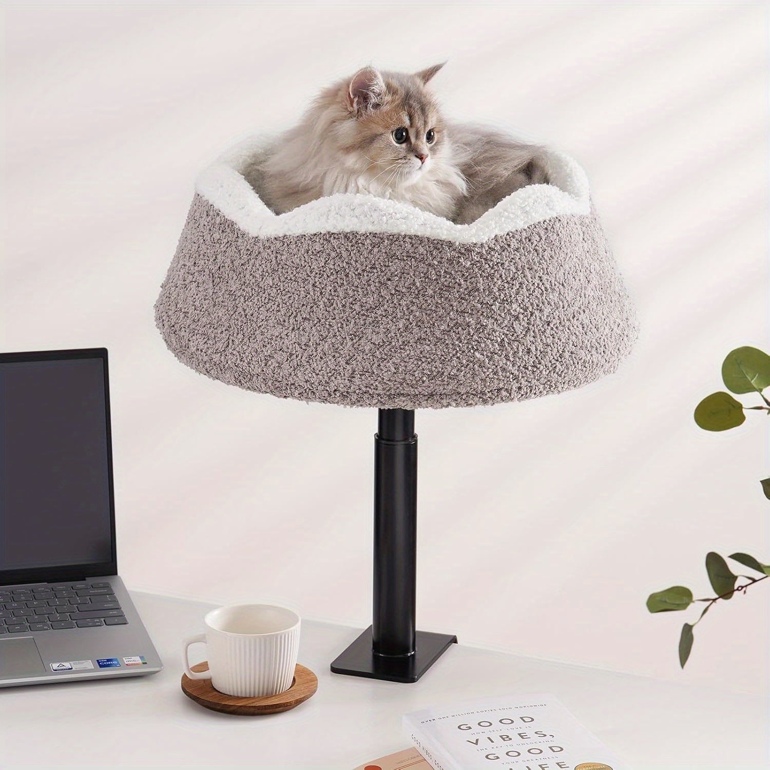 MEWOOFUN 360° Rotating & Adjustable Height Cat Desk Bed - Alloy Steel Frame, Removable Washable Plush Perch with Wrap-Around Edges, Ergonomic Desktop Cat Furniture for Home Office Safety & Comfort, Petfriendly Workspace, Stable Structure