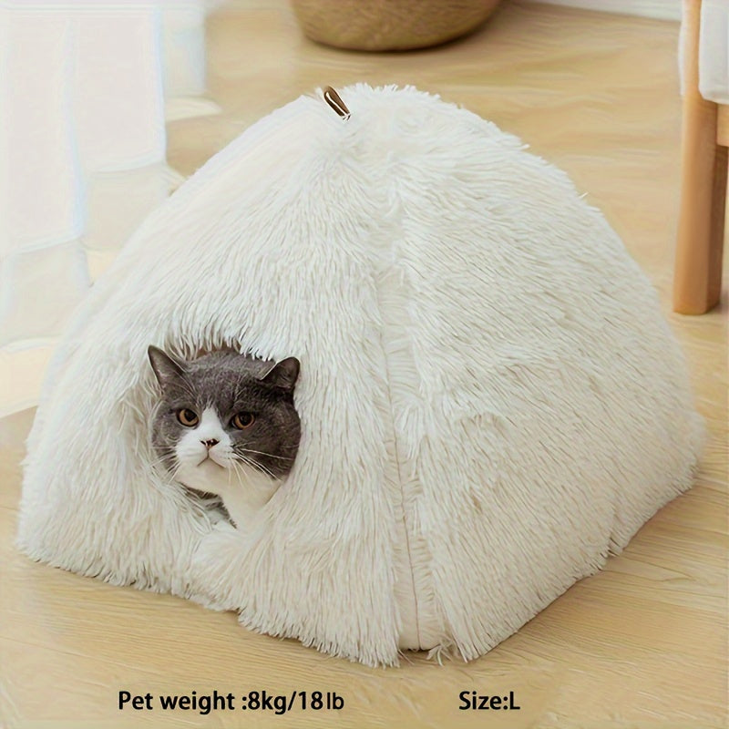 Long Plush Cozy Cat Cave Bed - Soft Polyester Pet House with Non-Slip Bottom, Removable Washable Pads & Arched Entrance Tunnel for Warmth & Comfort, Cute Hideout for Kittens & Cats, Pet Relaxation Space | Cute Cat Cave | Fluffy Texture, Cat Bed