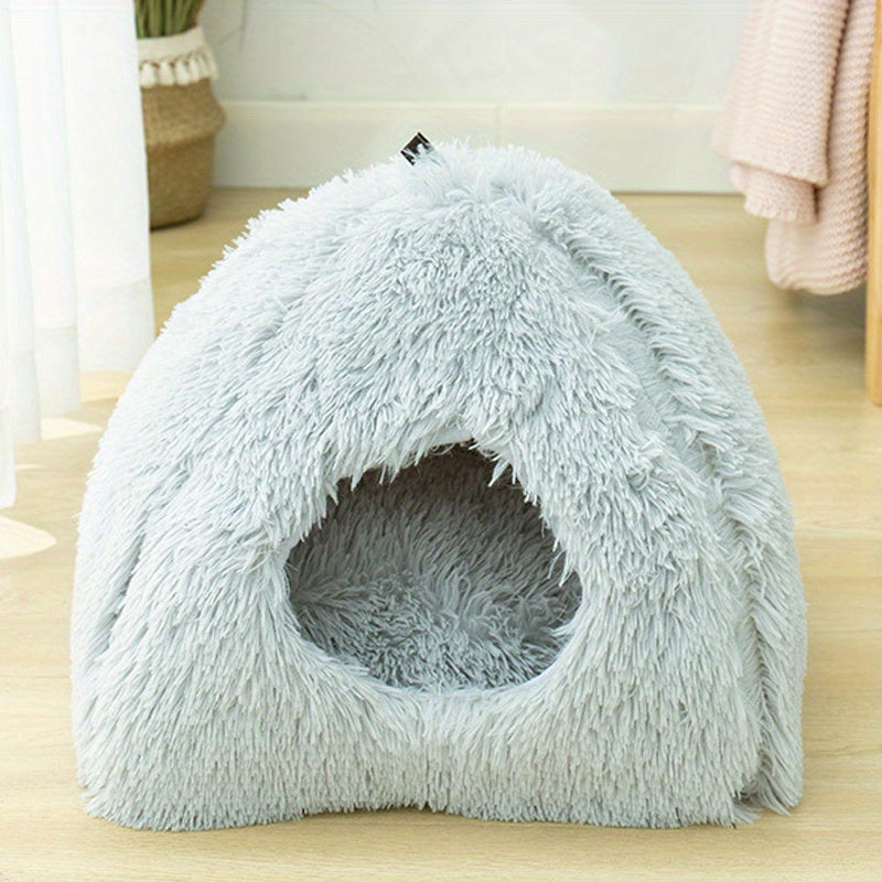 Long Plush Cozy Cat Cave Bed - Soft Polyester Pet House with Non-Slip Bottom, Removable Washable Pads & Arched Entrance Tunnel for Warmth & Comfort, Cute Hideout for Kittens & Cats, Pet Relaxation Space | Cute Cat Cave | Fluffy Texture, Cat Bed