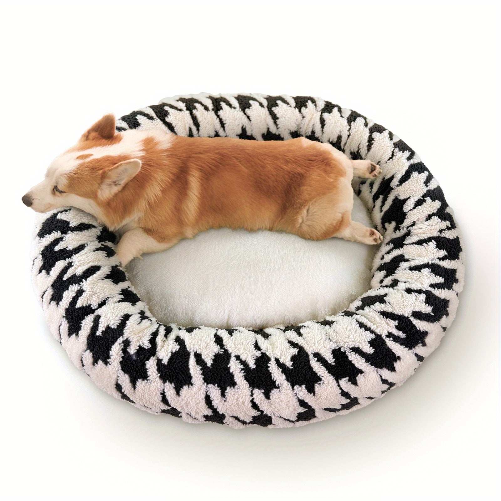 Dog Bed - Cushioned Pet Cave with Neck Support, Rounded Edges for Small/Medium Dogs - No Assembly Needed, Soft Nest for Corgis, Pomeranians, Indoor/Travel Use - Black & White or Blue & White, Curled Side Support