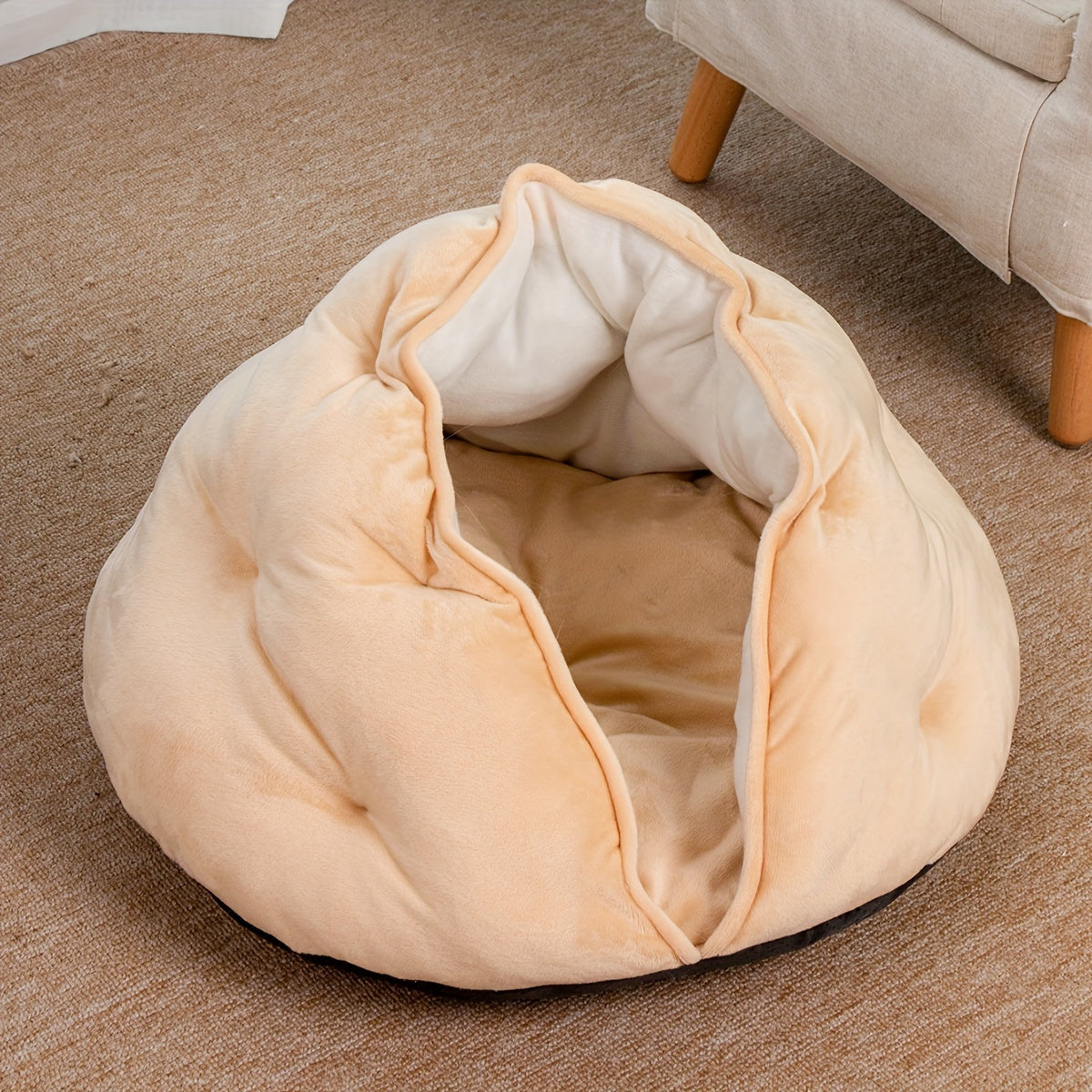 Cozy Velvet Cat Bed - Thickened Warm Khaki Pet Nest for Small to Medium Cats and Dogs, Soft Plush Material, Classic Style, Non-Assemblable Design, Indoor Pet Bed | Burrowstyle Nest | Soft Polyester Bed, Pet Beds for Cats