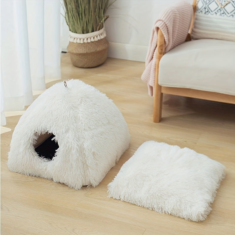 Long Plush Cozy Cat Cave Bed - Soft Polyester Pet House with Non-Slip Bottom, Removable Washable Pads & Arched Entrance Tunnel for Warmth & Comfort, Cute Hideout for Kittens & Cats, Pet Relaxation Space | Cute Cat Cave | Fluffy Texture, Cat Bed