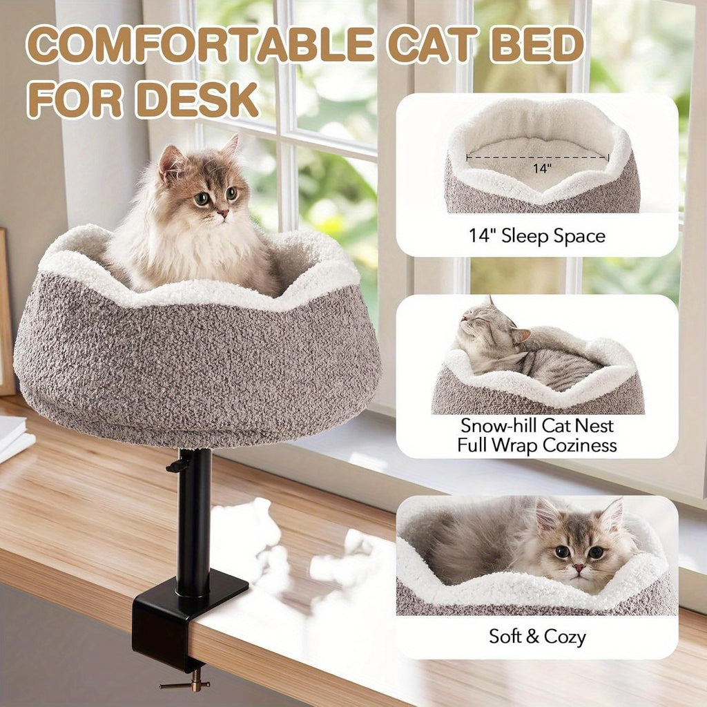 MEWOOFUN 360° Rotating & Adjustable Height Cat Desk Bed - Alloy Steel Frame, Removable Washable Plush Perch with Wrap-Around Edges, Ergonomic Desktop Cat Furniture for Home Office Safety & Comfort, Petfriendly Workspace, Stable Structure