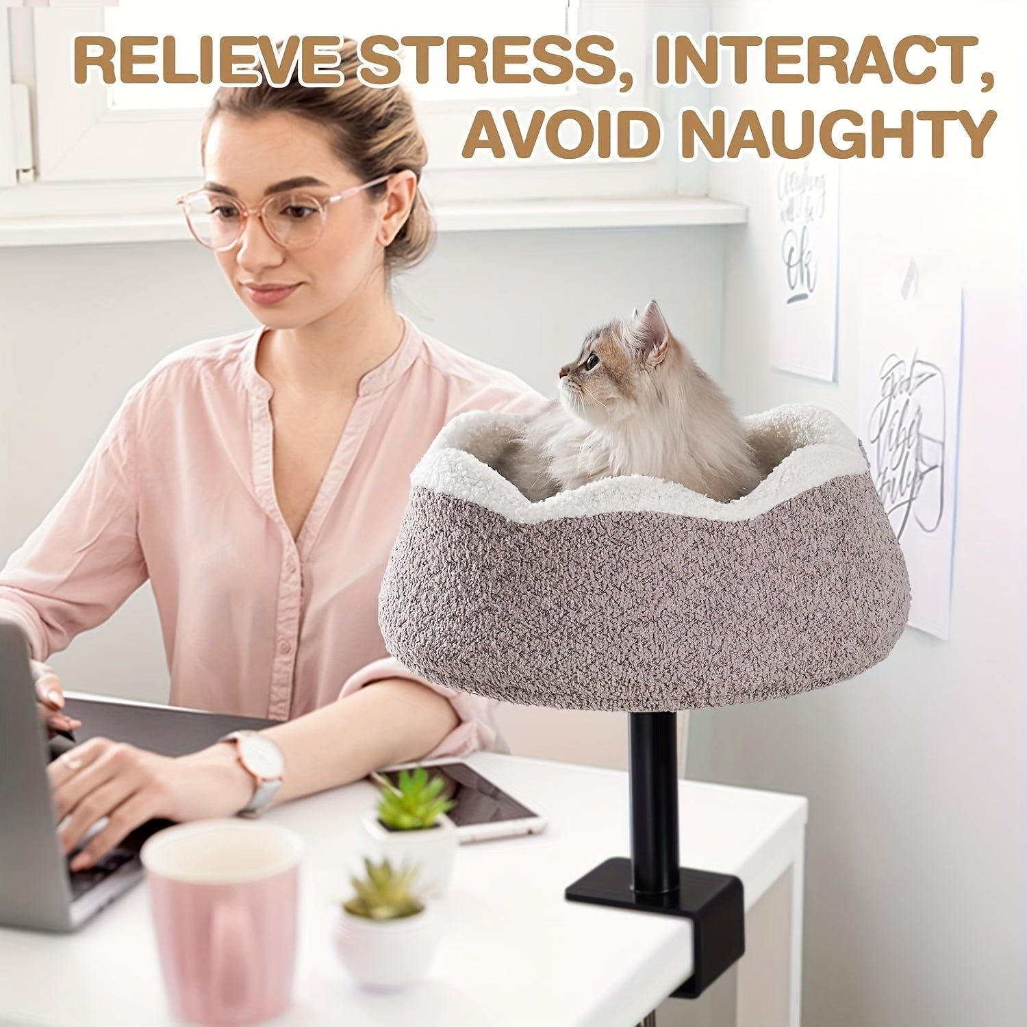 MEWOOFUN 360° Rotating & Adjustable Height Cat Desk Bed - Alloy Steel Frame, Removable Washable Plush Perch with Wrap-Around Edges, Ergonomic Desktop Cat Furniture for Home Office Safety & Comfort, Petfriendly Workspace, Stable Structure