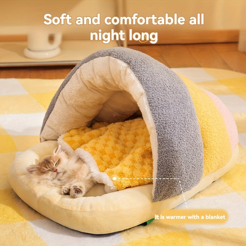 1pc Cozy Contemporary Cat Bed Cave, Soft Polyester Fiber Pet Bed with Warm Blanket, Indoor Cat and Small Dog House, Easy Assembly, Comfortable Sleeping Nest for Kittens and Puppies