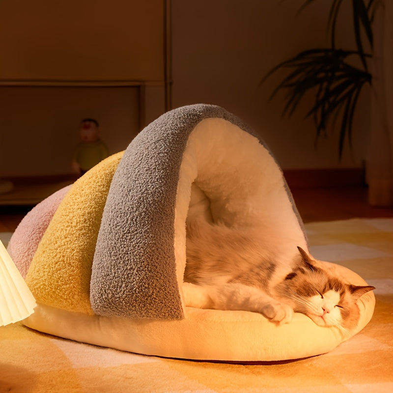 1pc Cozy Contemporary Cat Bed Cave, Soft Polyester Fiber Pet Bed with Warm Blanket, Indoor Cat and Small Dog House, Easy Assembly, Comfortable Sleeping Nest for Kittens and Puppies