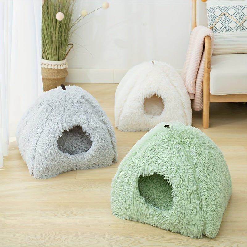 Long Plush Cozy Cat Cave Bed - Soft Polyester Pet House with Non-Slip Bottom, Removable Washable Pads & Arched Entrance Tunnel for Warmth & Comfort, Cute Hideout for Kittens & Cats, Pet Relaxation Space | Cute Cat Cave | Fluffy Texture, Cat Bed