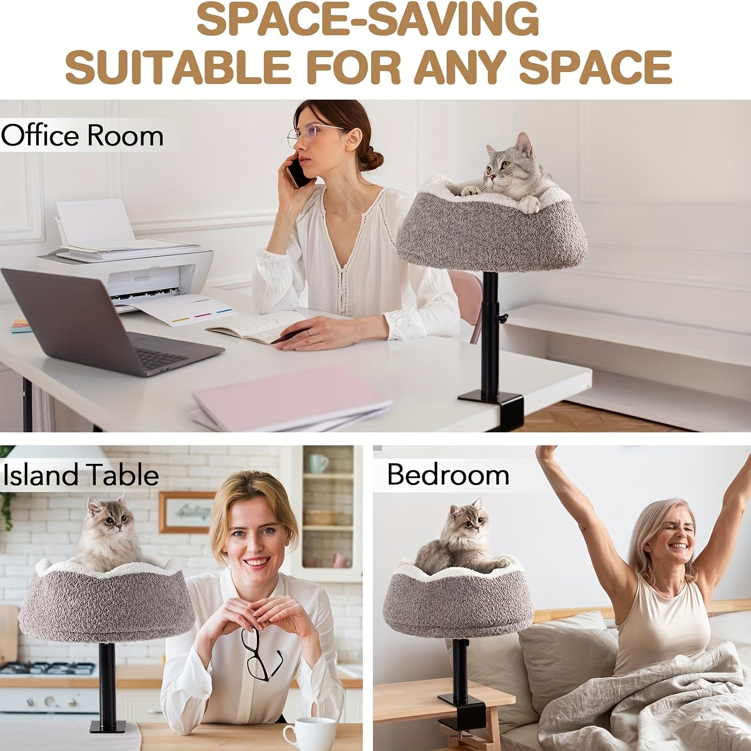 MEWOOFUN 360° Rotating & Adjustable Height Cat Desk Bed - Alloy Steel Frame, Removable Washable Plush Perch with Wrap-Around Edges, Ergonomic Desktop Cat Furniture for Home Office Safety & Comfort, Petfriendly Workspace, Stable Structure