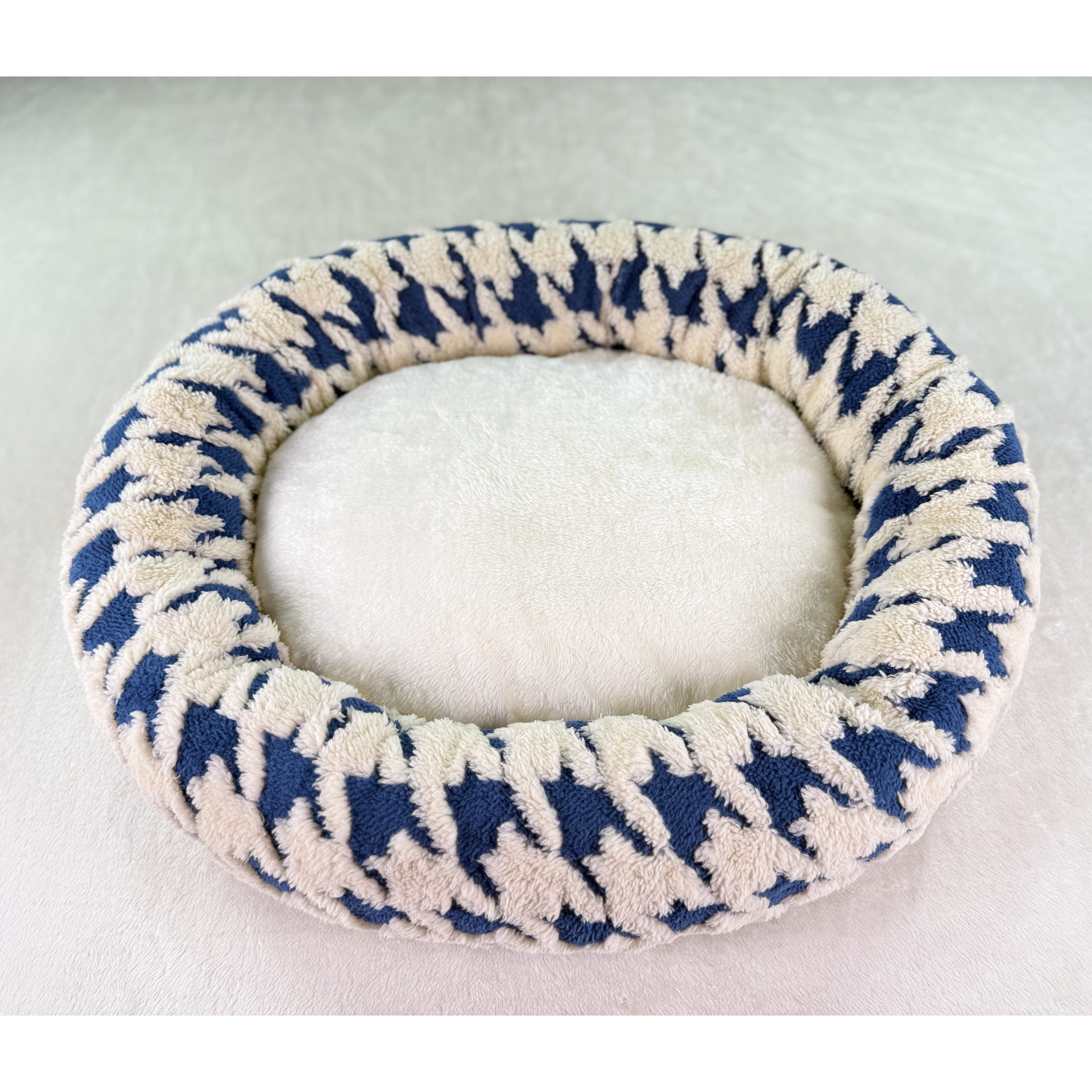 Dog Bed - Cushioned Pet Cave with Neck Support, Rounded Edges for Small/Medium Dogs - No Assembly Needed, Soft Nest for Corgis, Pomeranians, Indoor/Travel Use - Black & White or Blue & White, Curled Side Support