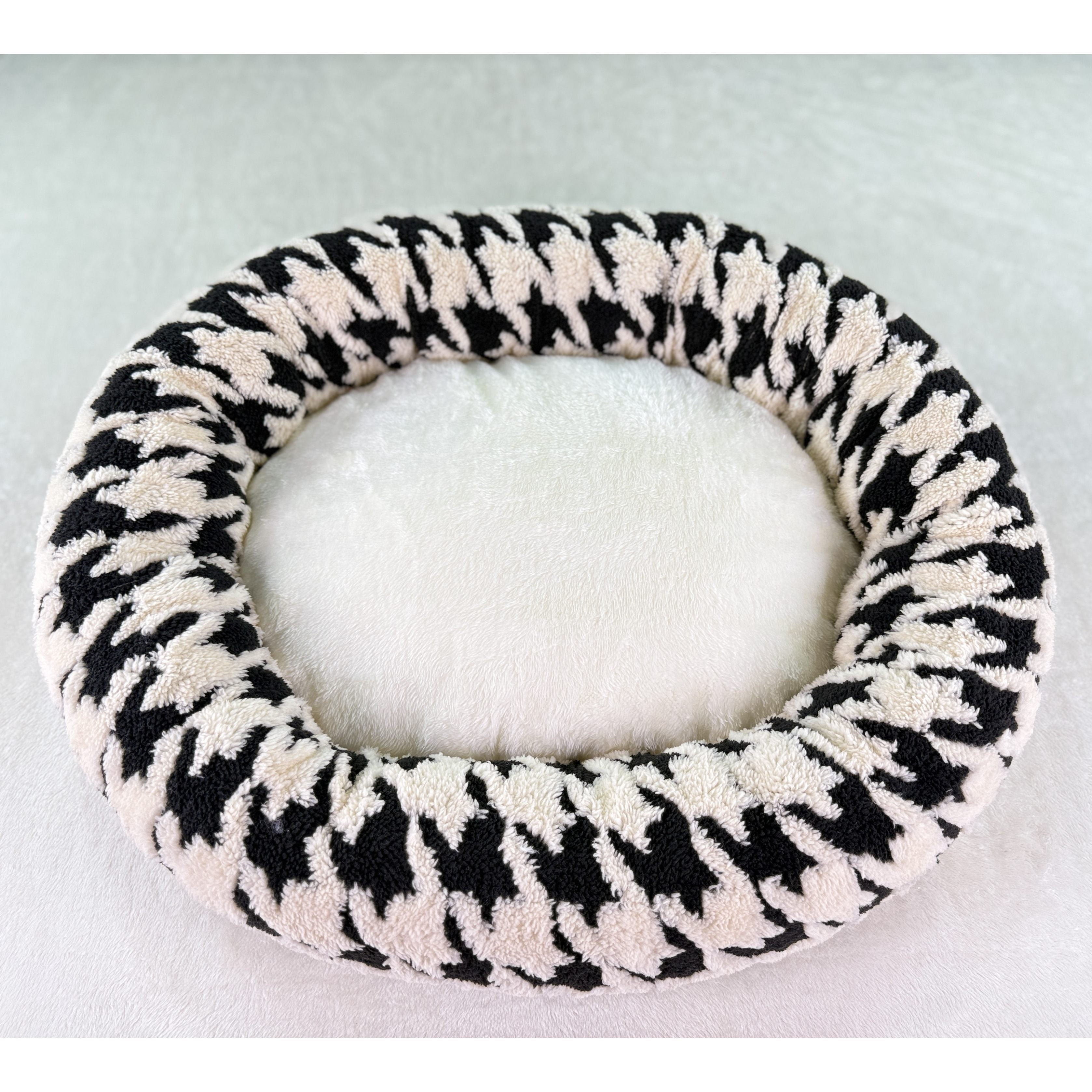 Dog Bed - Cushioned Pet Cave with Neck Support, Rounded Edges for Small/Medium Dogs - No Assembly Needed, Soft Nest for Corgis, Pomeranians, Indoor/Travel Use - Black & White or Blue & White, Curled Side Support