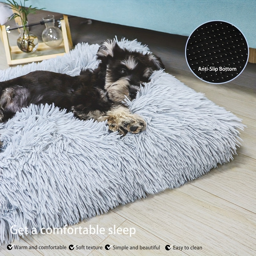 1pc Plush Fleece-Lined Square Pet Bed for Cats & Small Dogs - Removable Washable Polyester Cushion with Non-Slip Base, Soft Warm Cozy Indoor Bedding, All Sizes Available in Grey/Beige/Light Brown/Dark Blue - Durable Polyester Frame for Home Decor