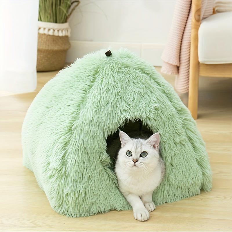Long Plush Cozy Cat Cave Bed - Soft Polyester Pet House with Non-Slip Bottom, Removable Washable Pads & Arched Entrance Tunnel for Warmth & Comfort, Cute Hideout for Kittens & Cats, Pet Relaxation Space | Cute Cat Cave | Fluffy Texture, Cat Bed