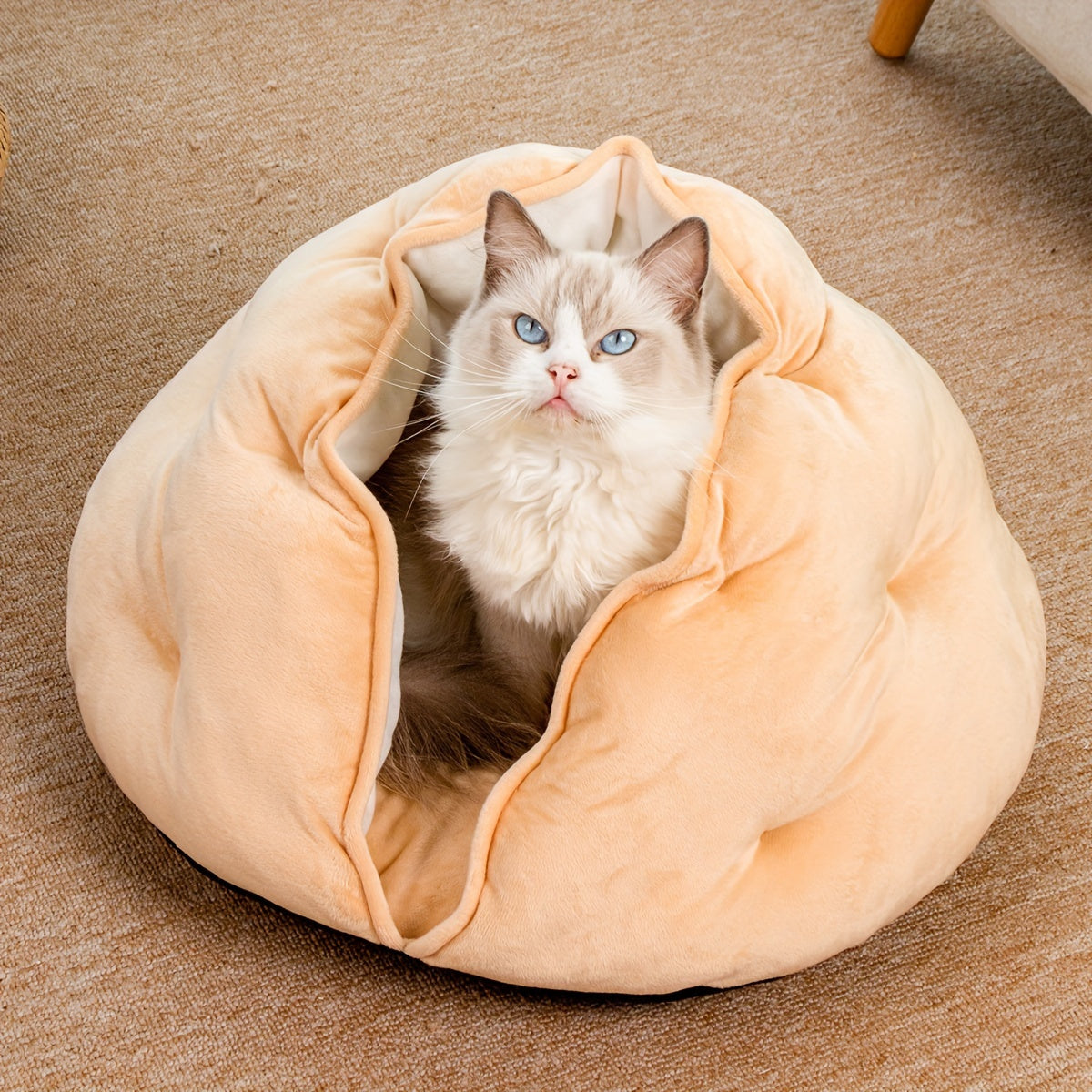 Cozy Velvet Cat Bed - Thickened Warm Khaki Pet Nest for Small to Medium Cats and Dogs, Soft Plush Material, Classic Style, Non-Assemblable Design, Indoor Pet Bed | Burrowstyle Nest | Soft Polyester Bed, Pet Beds for Cats