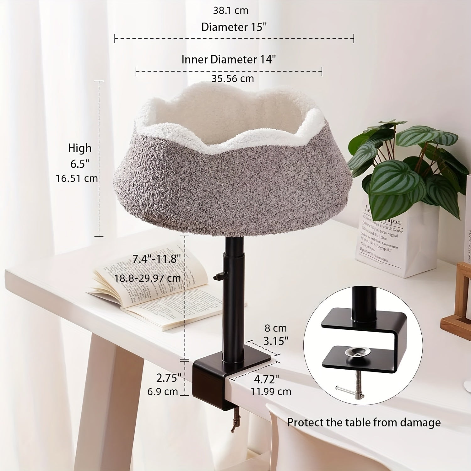 MEWOOFUN 360° Rotating & Adjustable Height Cat Desk Bed - Alloy Steel Frame, Removable Washable Plush Perch with Wrap-Around Edges, Ergonomic Desktop Cat Furniture for Home Office Safety & Comfort, Petfriendly Workspace, Stable Structure