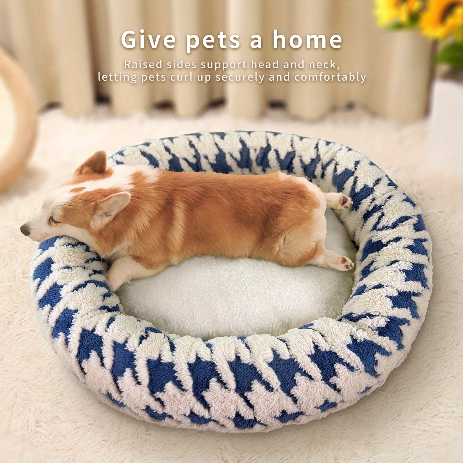 Dog Bed - Cushioned Pet Cave with Neck Support, Rounded Edges for Small/Medium Dogs - No Assembly Needed, Soft Nest for Corgis, Pomeranians, Indoor/Travel Use - Black & White or Blue & White, Curled Side Support