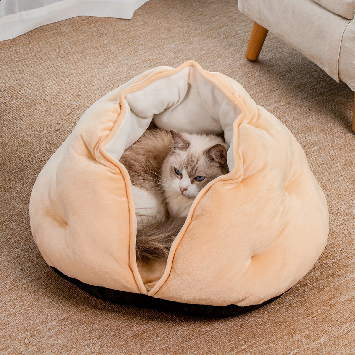 Cozy Velvet Cat Bed - Thickened Warm Khaki Pet Nest for Small to Medium Cats and Dogs, Soft Plush Material, Classic Style, Non-Assemblable Design, Indoor Pet Bed | Burrowstyle Nest | Soft Polyester Bed, Pet Beds for Cats