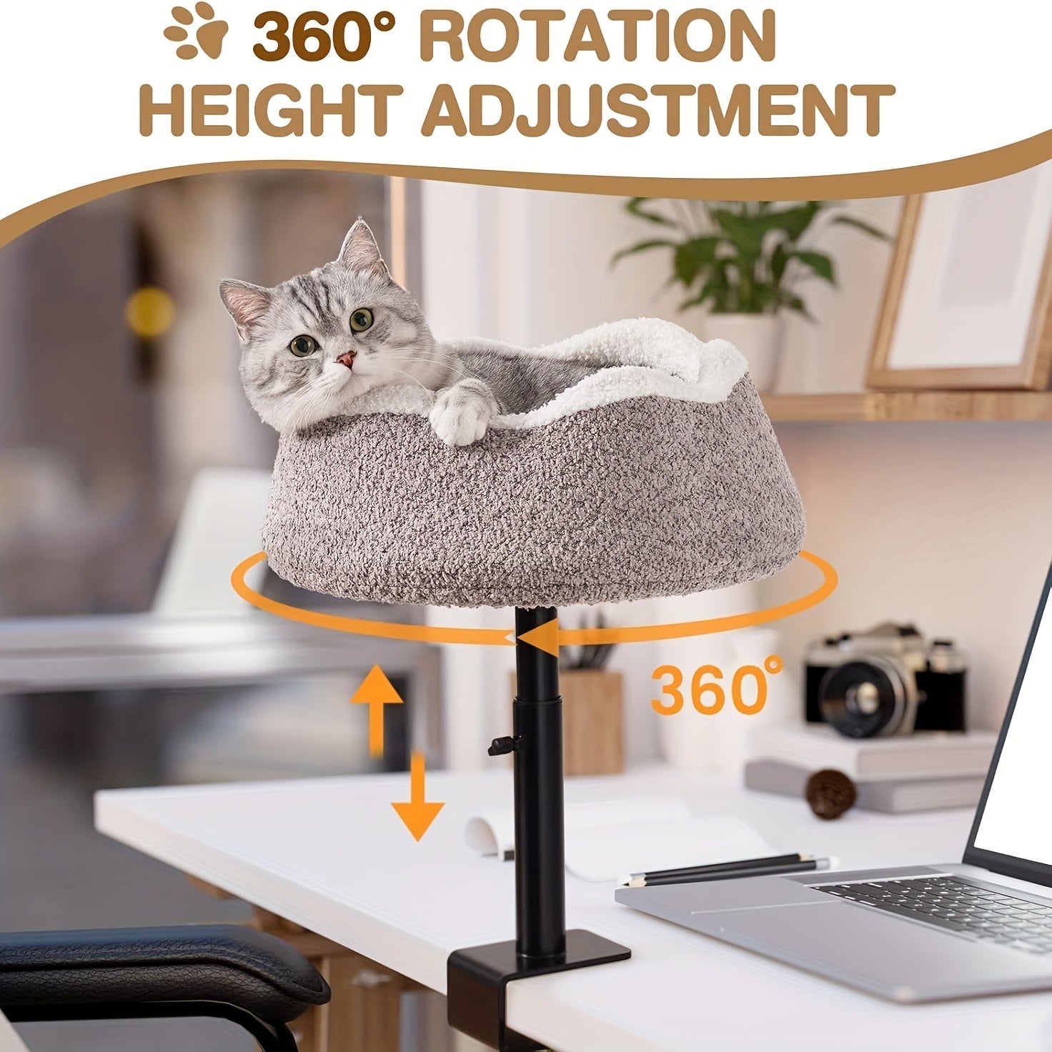 MEWOOFUN 360° Rotating & Adjustable Height Cat Desk Bed - Alloy Steel Frame, Removable Washable Plush Perch with Wrap-Around Edges, Ergonomic Desktop Cat Furniture for Home Office Safety & Comfort, Petfriendly Workspace, Stable Structure